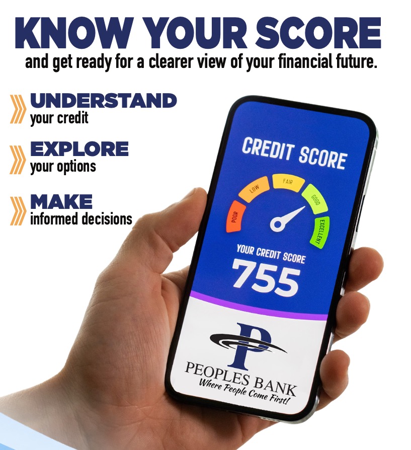 Know your score: understand your credit, explore your options, make informed decisions. A hand holding a phone showing a credit score of 755.